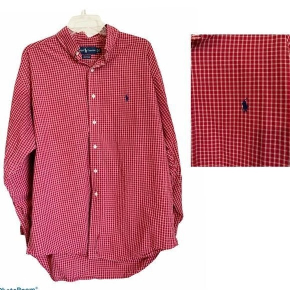 Ralph Lauren Yarmouth Red Gingham Button Up Shirt Men’s 34/35 Neck 17 Preppy